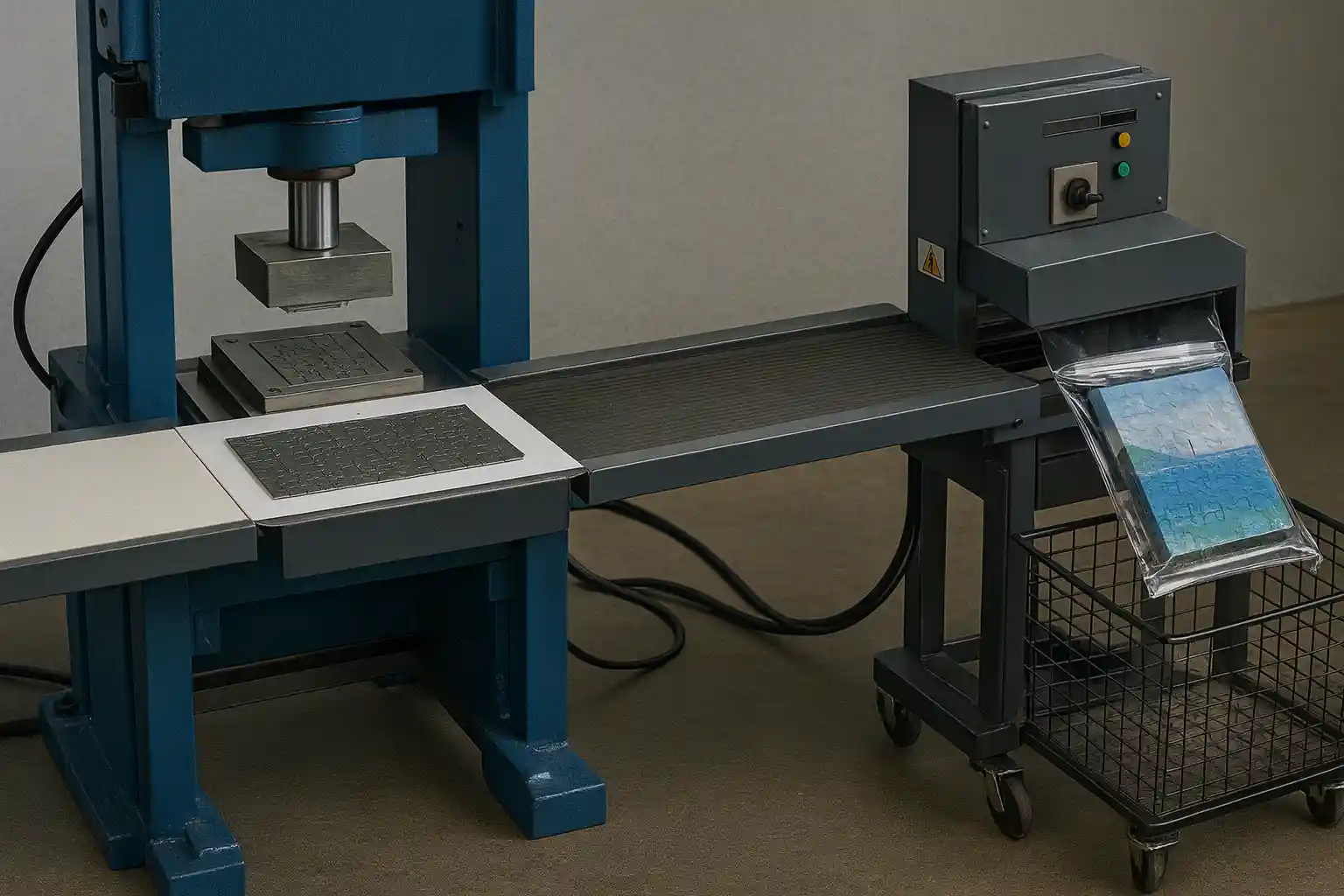 Automated puzzle cutting and bagging system with conveyor
