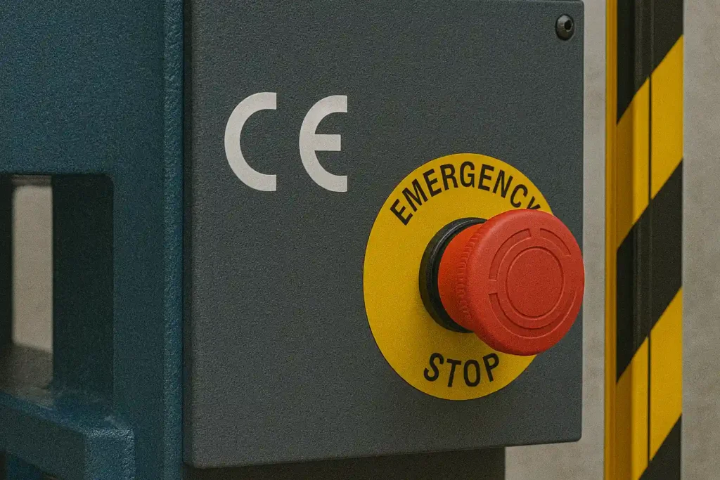 Emergency stop button and CE mark on industrial control panel