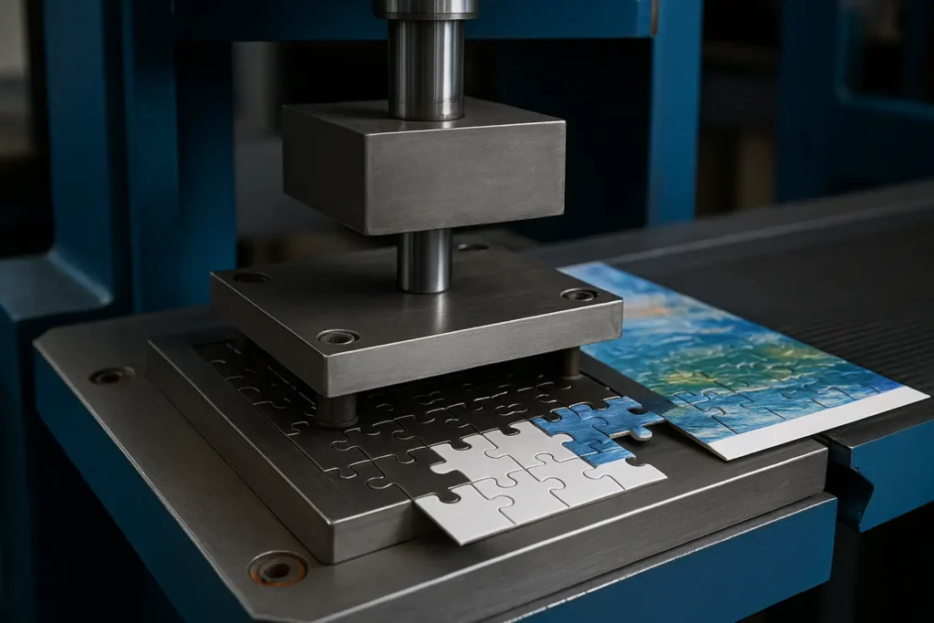 Industrial press cutting a jigsaw puzzle at high speed