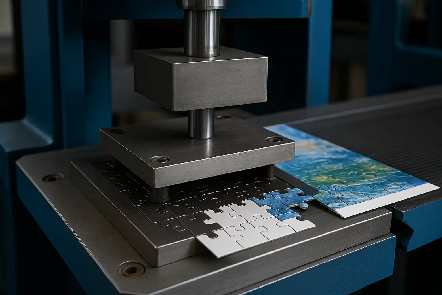 Industrial press cutting a jigsaw puzzle at high speed