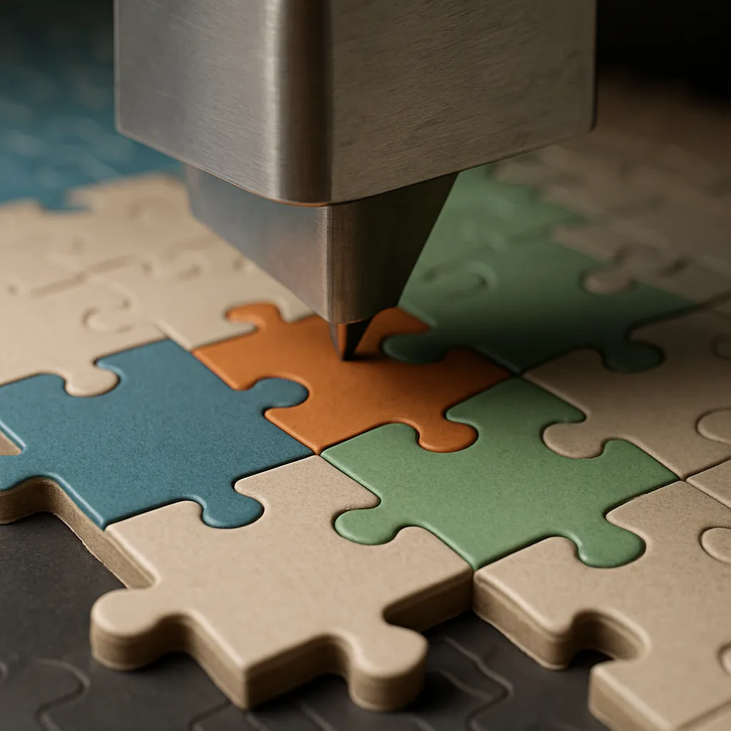 Close-up of a machine precisely cutting colorful puzzle pieces