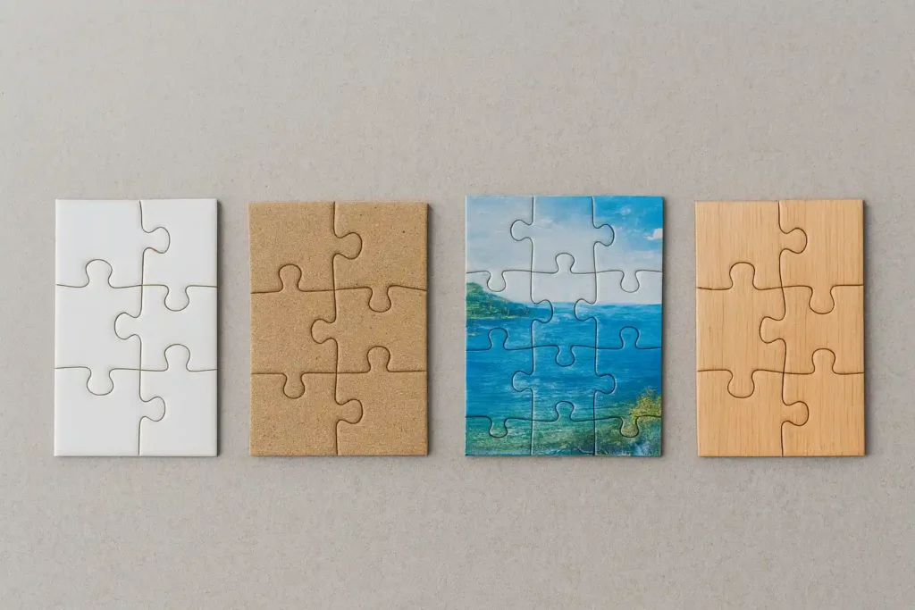 Four jigsaw puzzles made from foam, chipboard, printed cardboard, and wood