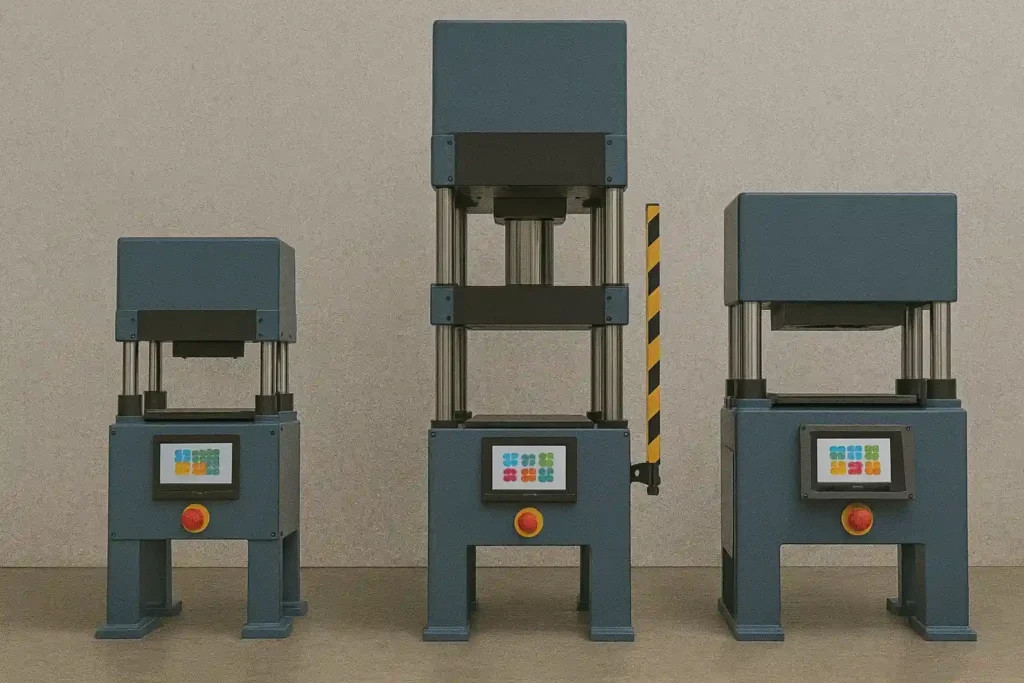 Three industrial puzzle press machines in different sizes