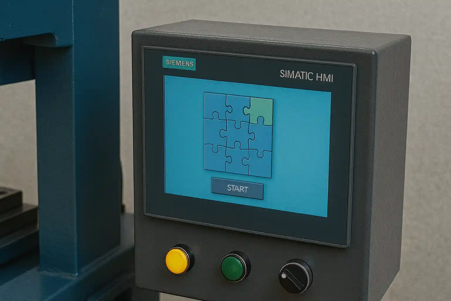 Siemens HMI touchscreen with puzzle interface on industrial machine