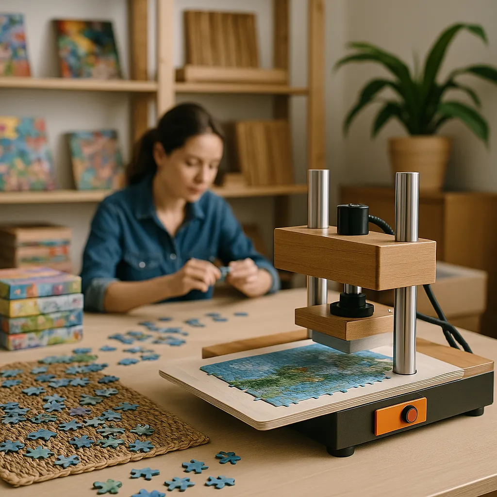 Puzzle workshop with compact press in a creative studio