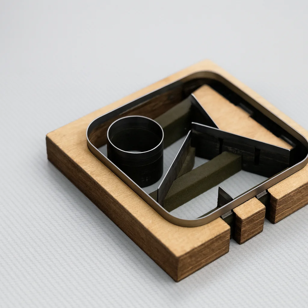 Close-up of a custom steel rule die cutting tool