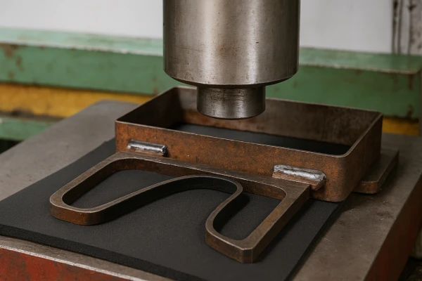 Industrial hydraulic press die cutting an automotive rubber door seal gasket, showing reinforced steel rule die and precision cutting process.