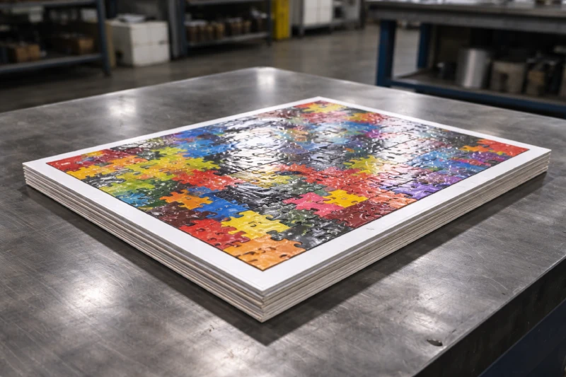 Cleanly die-cut puzzle sheet showing precise edges and interlocking shapes after industrial cutting process
