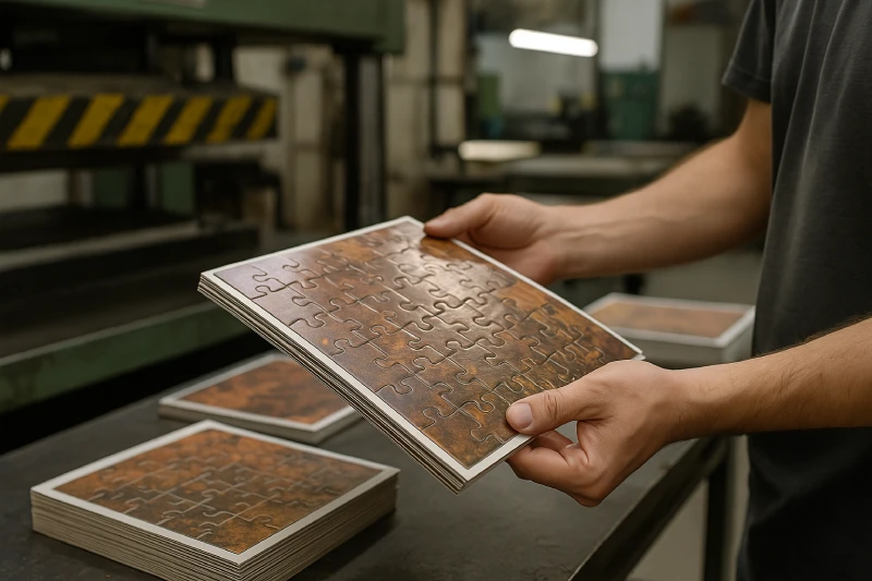 Technician inspecting freshly die-cut puzzle sheets with clean cut edges in a bright industrial workshop.