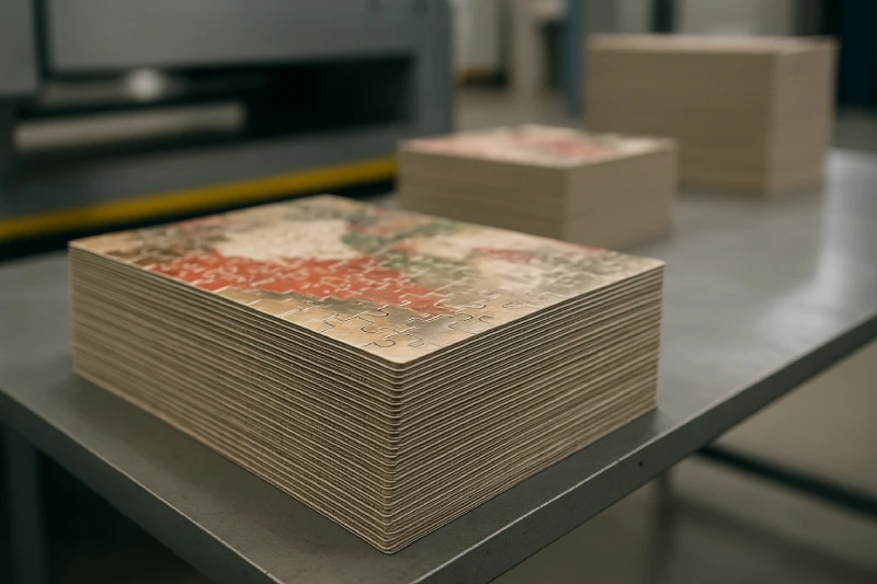 Close-up view of freshly die-cut puzzle sheets neatly stacked on a table in a clean factory environment with sharp, precise edges
