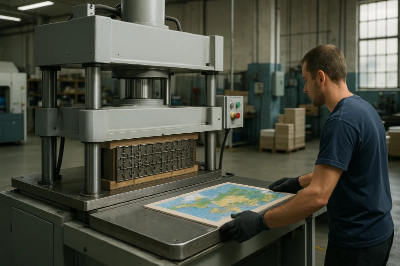 Operator loading laminated sheets onto a hydraulic puzzle cutting machine with a visible steel-rule die inside a clean industrial workshop