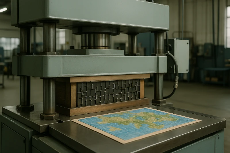 High-detail factory view of a hydraulic puzzle press cutting a laminated puzzle sheet, with the platen descending onto a steel-rule die under bright workshop lighting.
