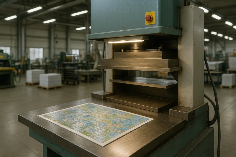 Industrial hydraulic puzzle press cutting laminated puzzle sheets in a clean factory environment, steel-rule die visible on the worktable.