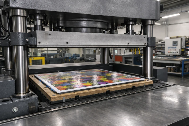 Hydraulic pressure system applying controlled force during puzzle die cutting process in factory production
