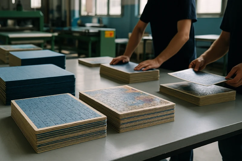 Workers inspecting laminated puzzle sheets for surface flatness and alignment before die-cutting in a clean industrial workshop.