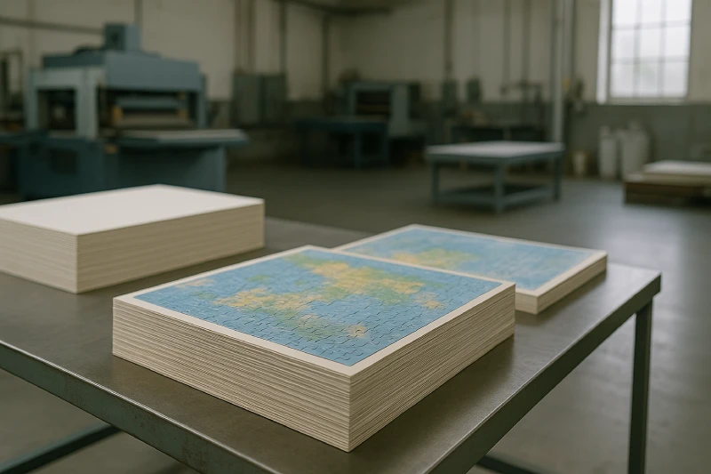 Stacked laminated puzzle sheets placed neatly on a factory table inside a clean industrial workshop, ready for die-cutting.