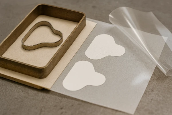 Steel rule die cutting medical adhesive tape on a PET liner, producing custom wound-care shapes with clean edges.