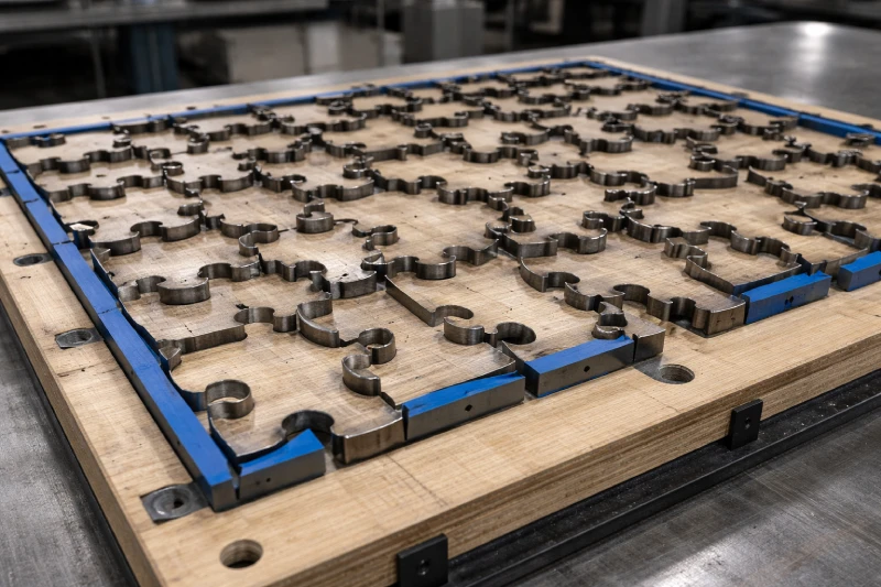 Close-up of puzzle die board with steel rule knives and ejection rubber for random-cut puzzle manufacturing

