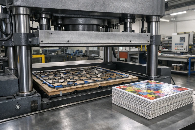 Industrial puzzle die cutting machine with hydraulic press and steel-rule die used in professional puzzle manufacturing