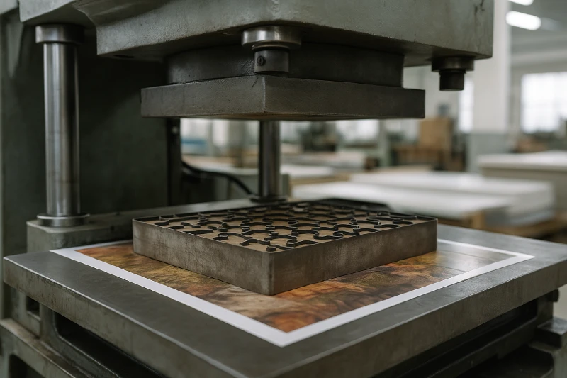 Hydraulic puzzle press cutting laminated cardboard sheets with the platen moving downward and a steel-rule die in a factory environment