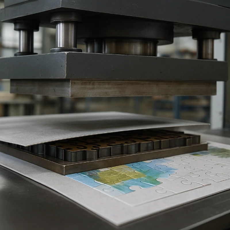 Hydraulic puzzle press with the platen moving downward to cut laminated cardboard sheets using a steel-rule die in a factory setting