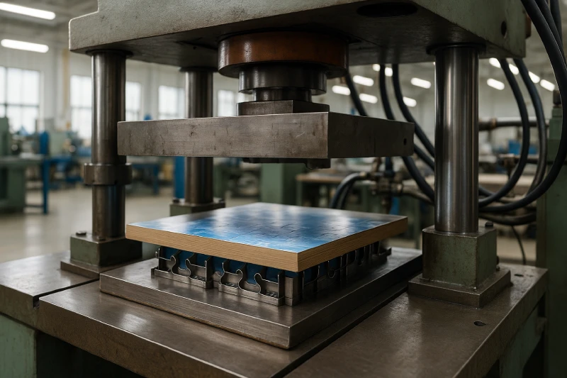 Hydraulic puzzle press platen descending onto a laminated sheet with a steel-rule die engaged, high-detail industrial cutting process in a clean workshop.
