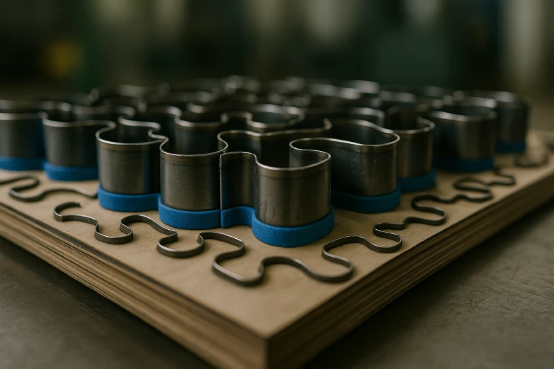 Close-up industrial view of a steel-rule puzzle cutting die with curved steel blades, blueboard ejection rubber, and plywood base, showing high-detail craftsmanship.