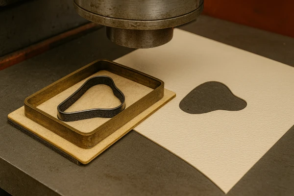 Steel rule die cutting synthetic leather panels for footwear production on a clicker press, showing clean edges and precise outline.